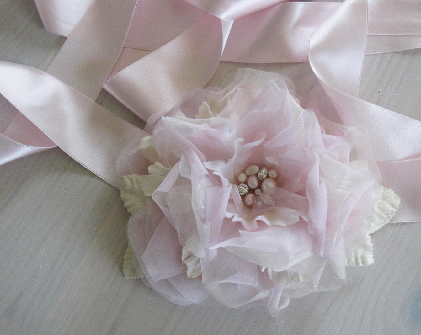 Flower Sash In Ivory And Pale Pink Silk Organza
