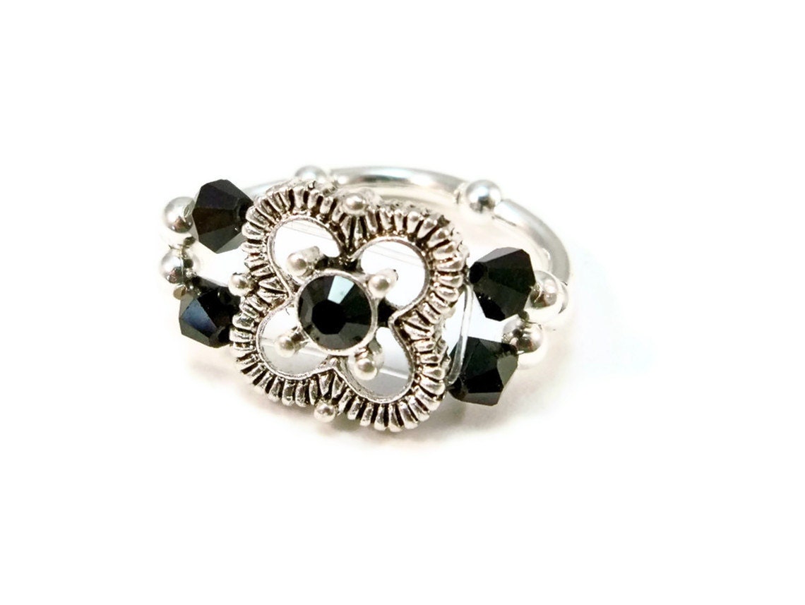 Jet Swarovski Cocktail Ring Crystals Stretch Band Ladies