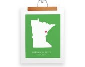 State of Love - Personalized Map Print - Your Names and Wedding Date marked with a Heart - Travel Anniversary Custom Art Print 8x10