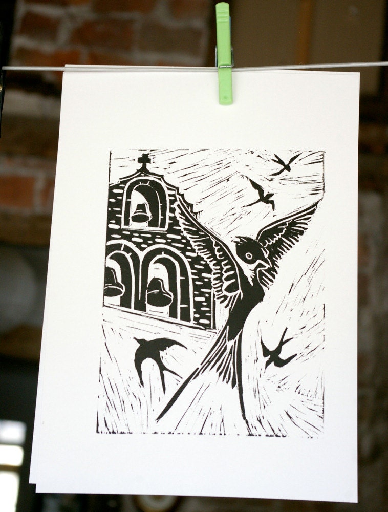 Les Hirondelles - The Swallows. Original linocut print