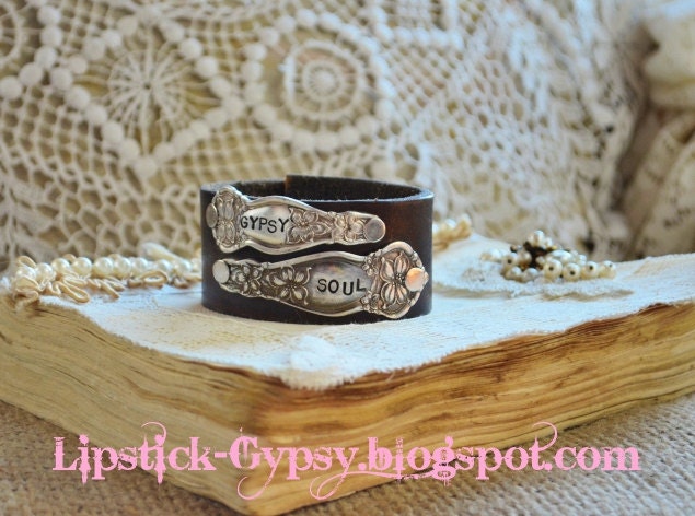 Vintage Hippie, Gypsy, Boho, Cowgirl Hand Stamped Silver Double Spoon Handle on Vintage Leather Cuff -Gypsy Soul-