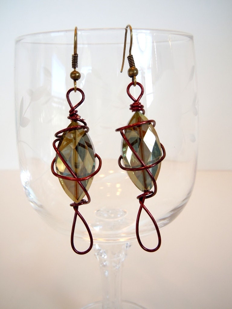 OOAK Marquise Crystal Wire Wrapped Earrings by Debbie Renee, Bronze and Burgundy