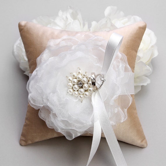 Rosetta wedding ring pillow -  organza flower with pearls