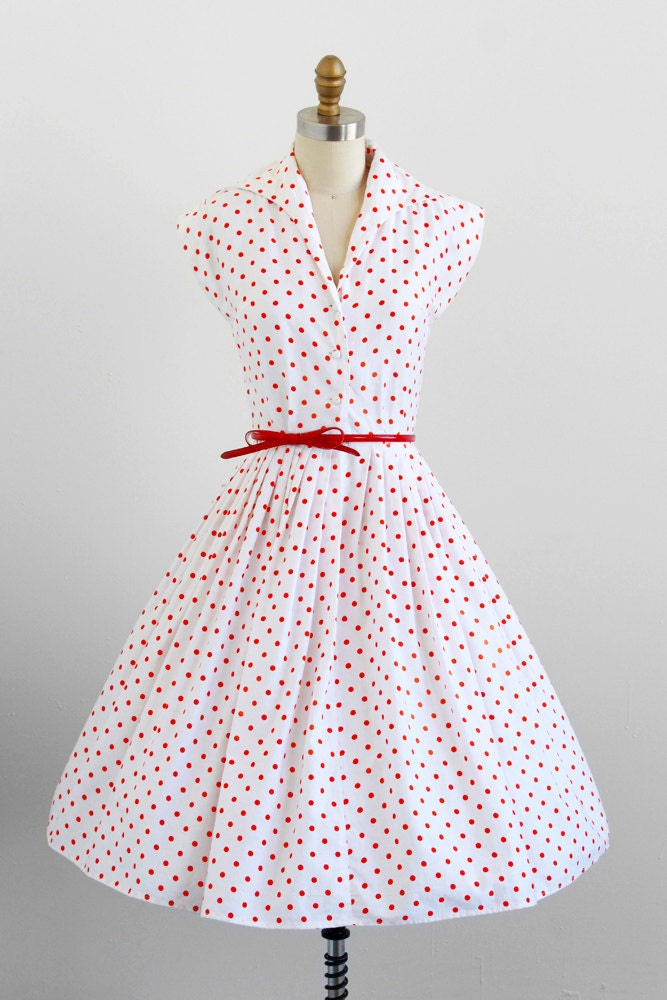 vintage 1950s dress / 50s dress / White and Orange Polka Dot Dress