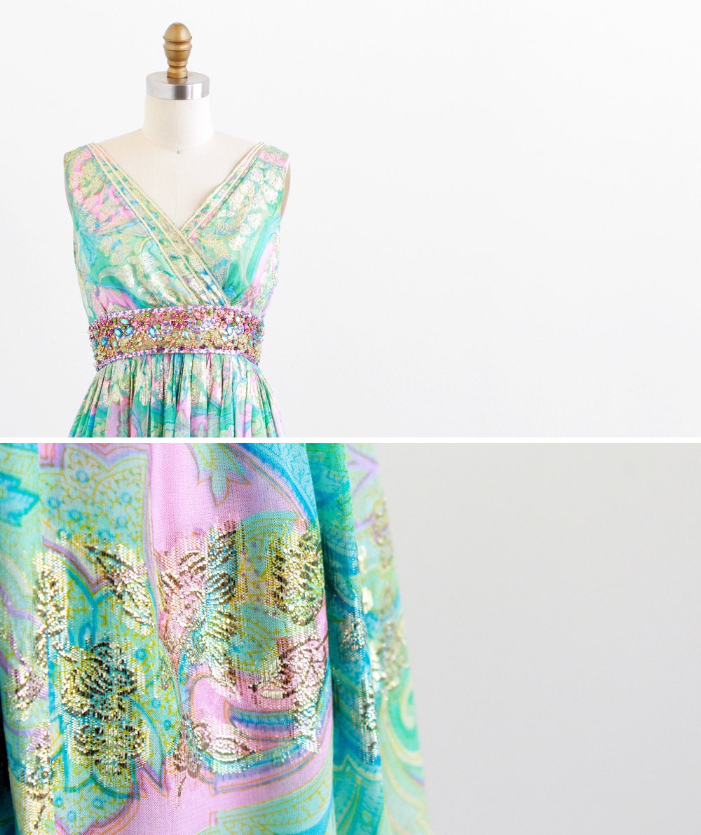 vintage 1960s dress / 70s maxi dress / Pink and Green Silk Chiffon Malcolm Starr Jeweled Grecian Gown