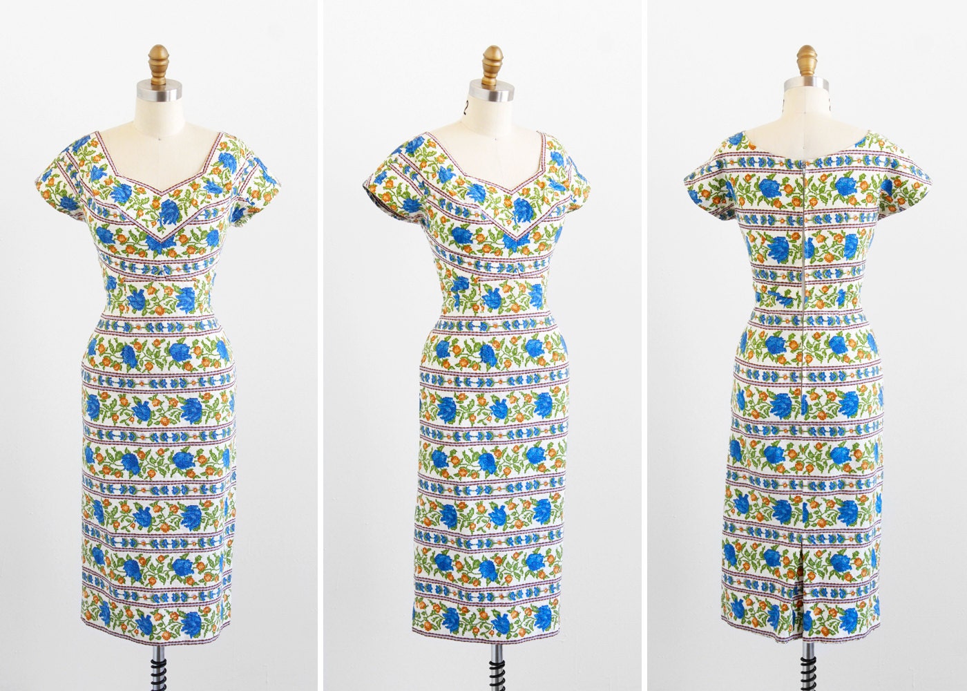 r e s e r v e d - vintage 1950s dress / 50s wiggle dress / Blue Roses Cross Stitch Novelty Print Wiggle Dress