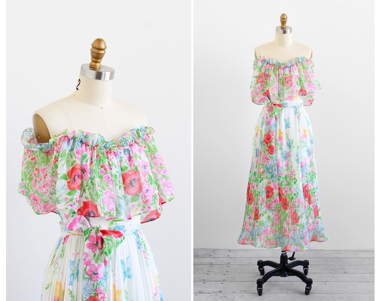 vintage 1970s dress / floral poppies dress / 70s Poppy Floral Print Grecian Gardens Dress