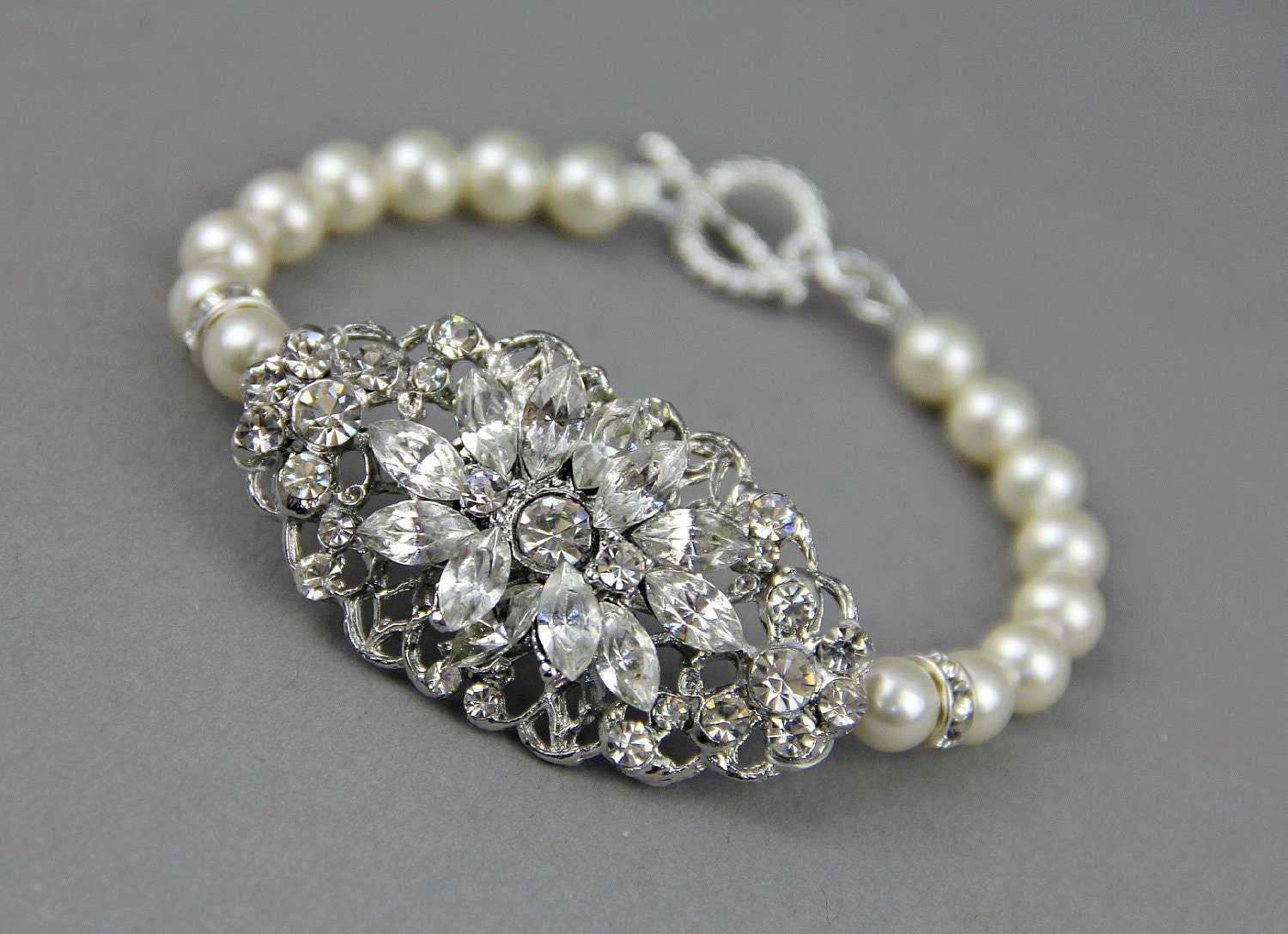Vintage Bridal Wedding Bracelet Cuff, Flower Rhinestone and Pearl Wedding Bridal Bracelet, Vintage Bridal Wedding Jewelry - Style 375
