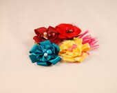 50% off LIQUIDATION SALE Mini Ribbon Flower Clips Set of 4 Teal Maroon Red Yellow/Pink