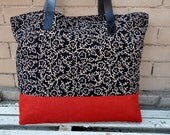 Canvas Tote Bag with leather straps in Black floral print & Red bottom