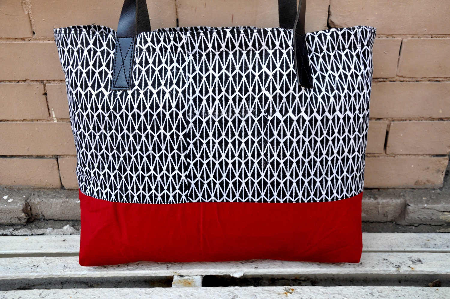 Canvas Tote Bag with leather straps in Black Geometric print & Red bottom - Leather, Beach Bag, Shoulder Bag, Large Tote, Diaper Bag