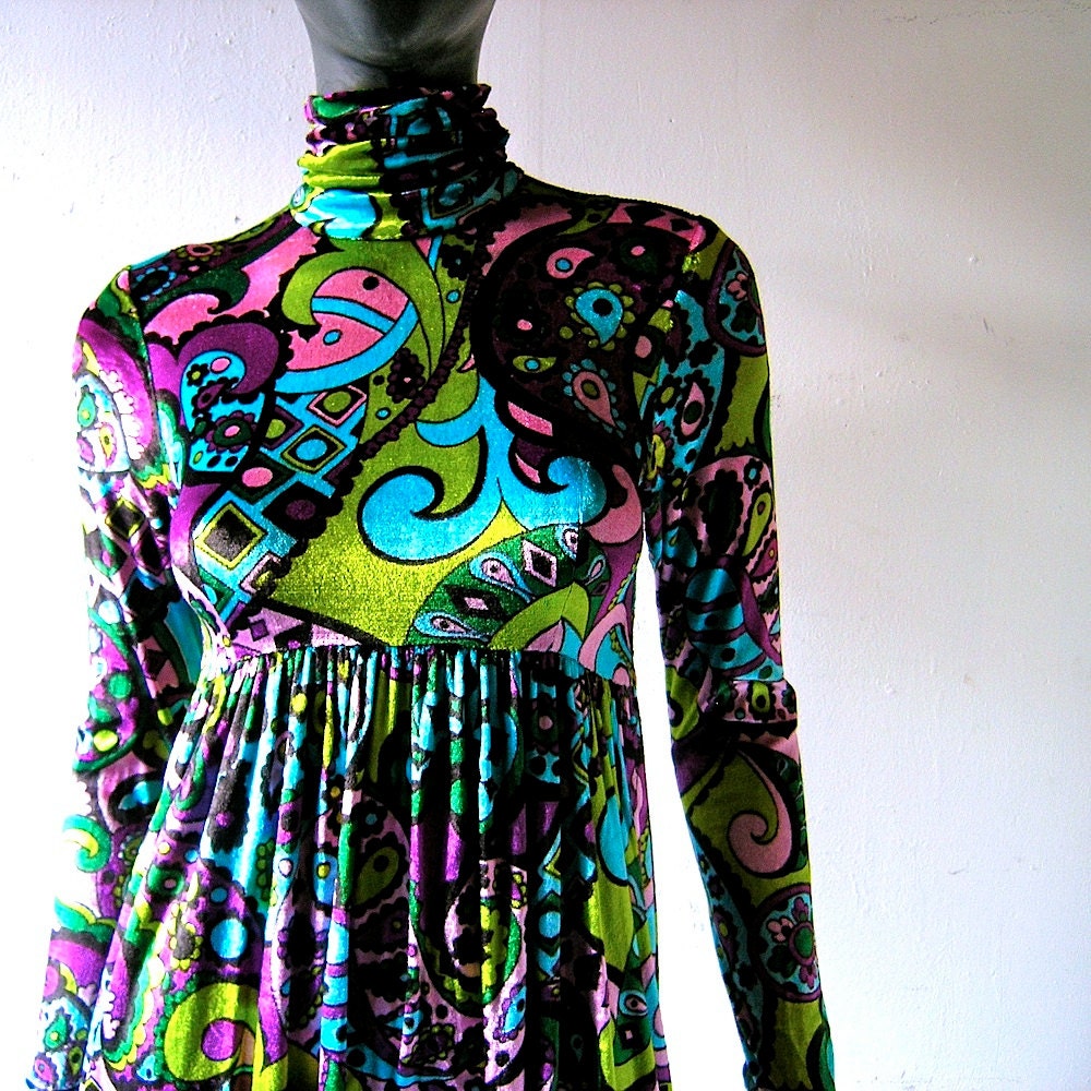 Reserved for marianna - 60s Pucci style velvet print empire style maxi dress - teal turquoise pink - 1960s 1970s fashion