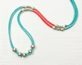 Beaded Necklace // Flow no2 // Turquoise Green and Coral
