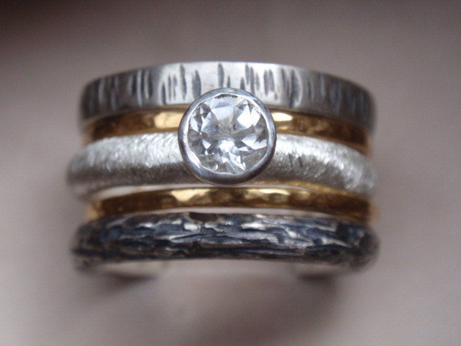 engagement ring wedding bands set in 14k solid yellow gold and sterling silver - set of 5 - handmade stacking rings - made to order