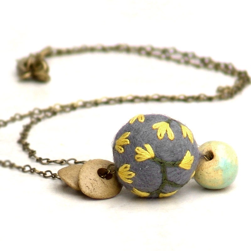 Mixed Media English Countryside -Felt Bead Ceramic Brass Chain Simple Gray Yellow Flower