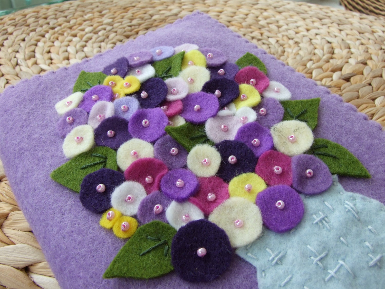 Lavender Colour Felt Note Book Cover Decorated with Vase of Flowers