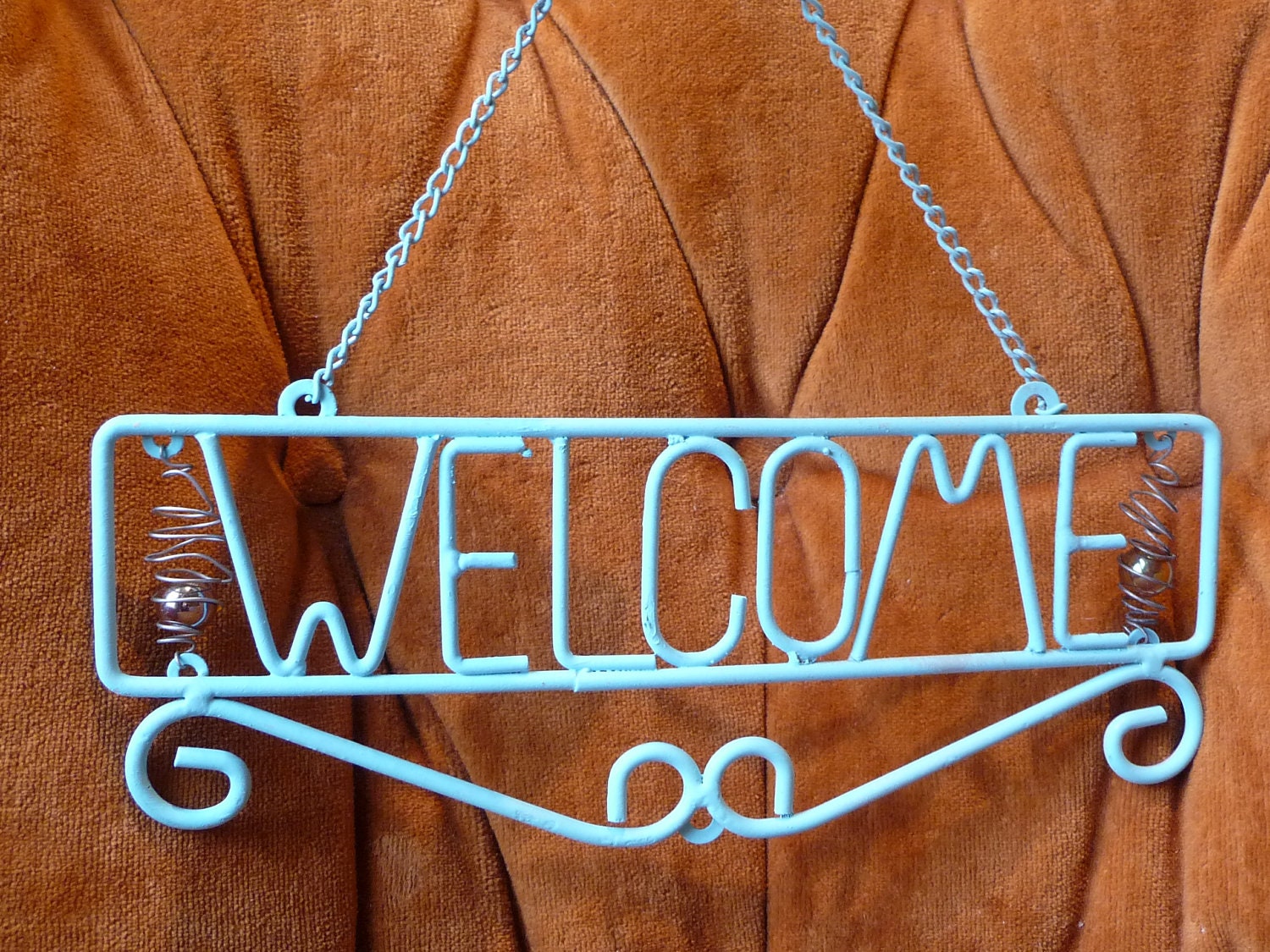 Welcome Sign Handpainted Aqua Sign Wall Hanging Art Home Decor Metal Wire Glass Beads Chain Unique Cottage Chic Greetings