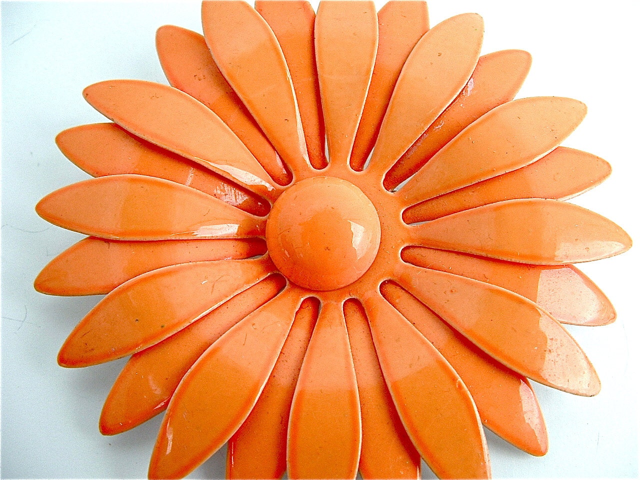 Vintage Melon Orange Big Enamel Flower PIn, FREE US SHIPPING