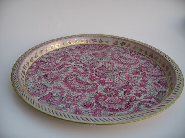 Round metal tray- Pink paisley pattern - Made by Vienna Woods in England