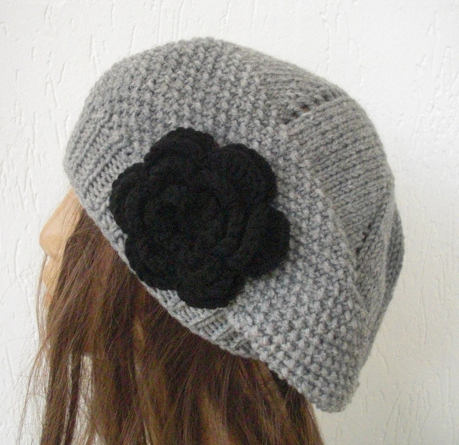 Hand Knit Hat - Womens hat- beret  silver gray with black  flower womens Slouch Beanie Fall Autumn   Fashion  Winter Accessories hat  tam