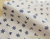 Nautical Marine, Navy Blue Anchors Rudders Sailing Boats On White - Japanese Cotton Fabric (Fat Quarter)