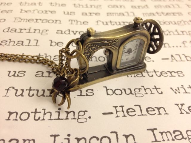 Vintage Style Bronze Sewing Machine Clock Pocket Watch Pendant Necklace with Spider and Garnet Dark Red Jewel