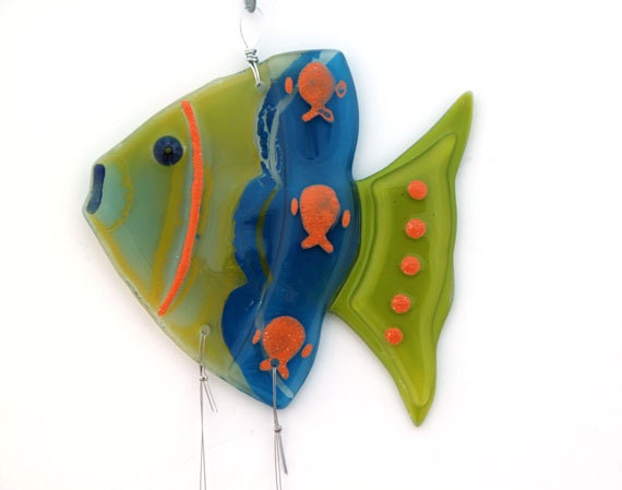 Fused Glass green  blue fish  Windchime, Suncatcher