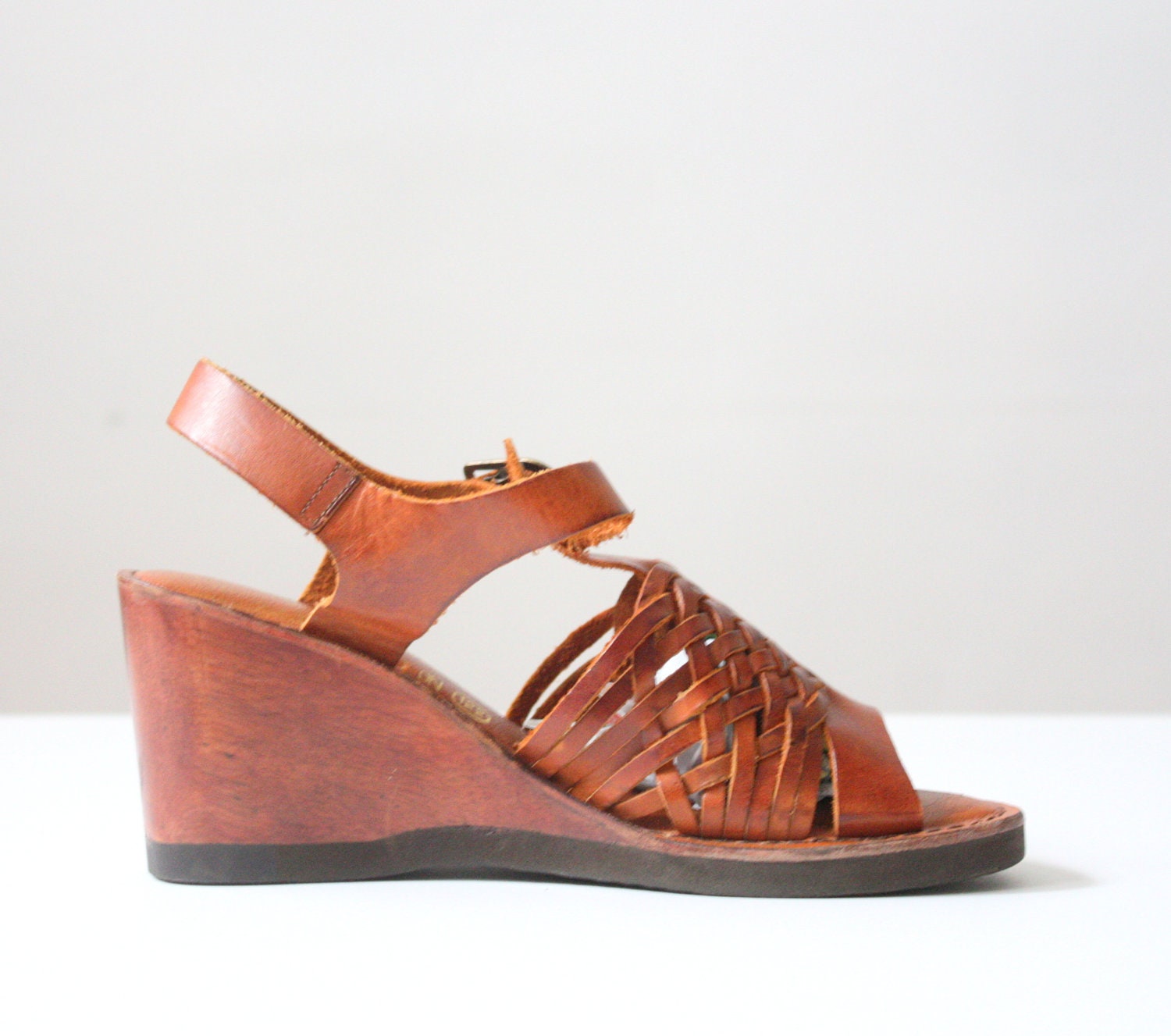 1970's leather wedge sandals - size 6