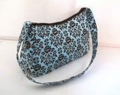Damask Handbag Shoulder Bag Pocketbook with zipper closure blue and brown fabric