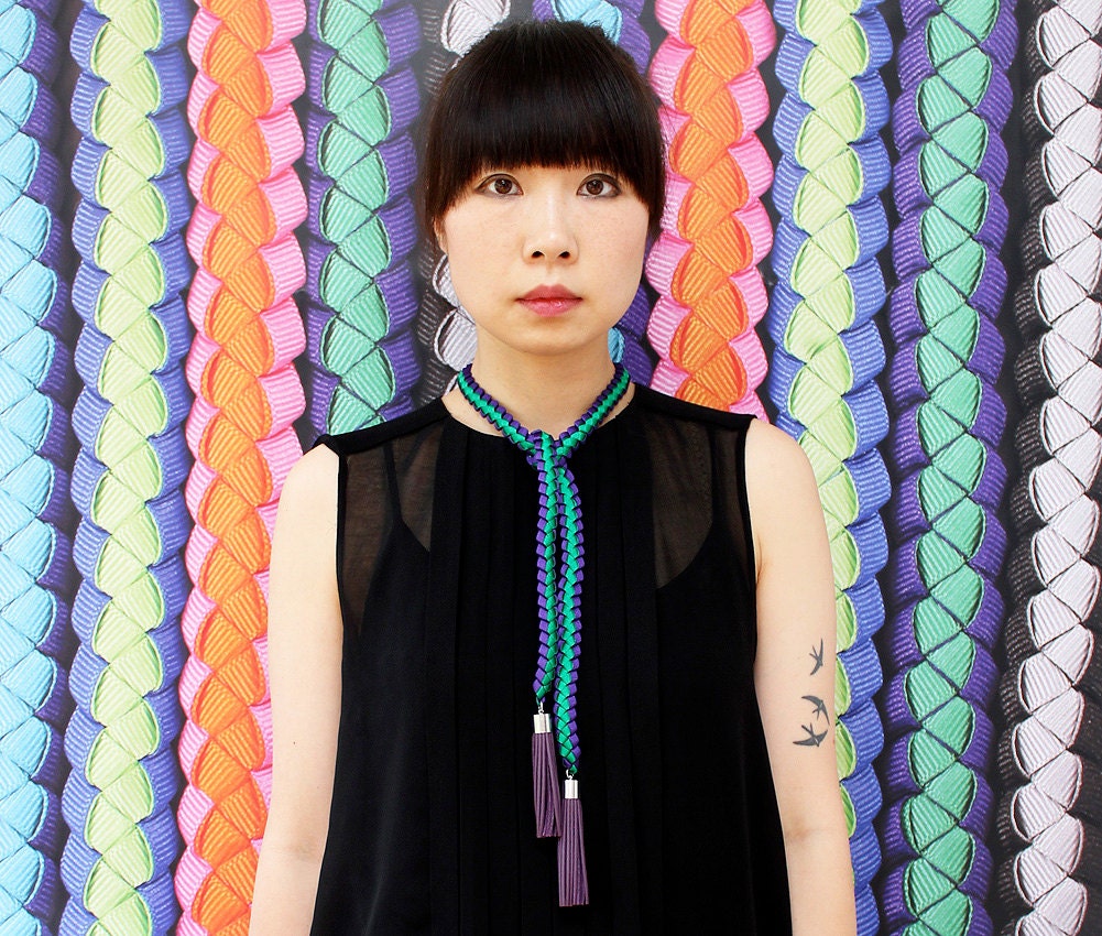 The Odile braided lariat tassel necklace in green and purple