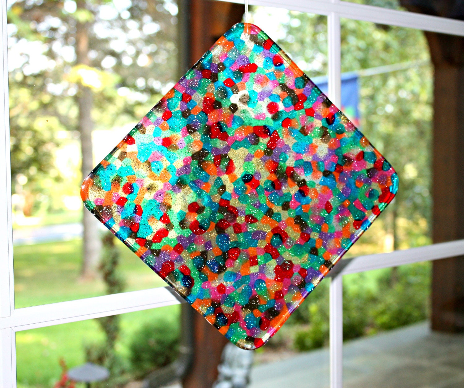 Extra Large Suncatcher Unique Mosaic - Rainbow and Chocolate Sprinkles Hand Crafted HUGE 11 inch Diamond all ready for display by Mei Faith