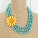 Asymmetrical Vintage Enamel Flower Necklace Tangerine Orange and Yellow Polka Dot Triple Strand Turquoise Howlite Beaded Statement Necklace