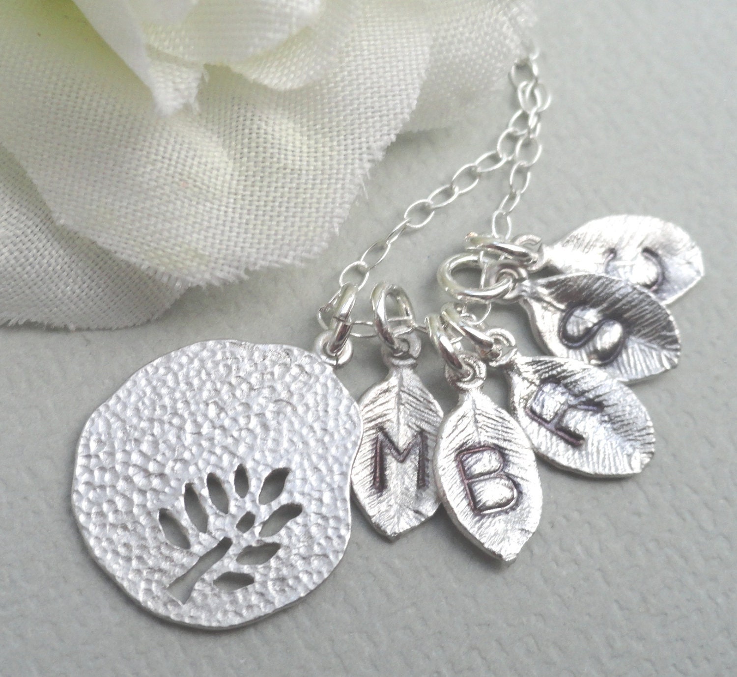 My Family - Personalized Monogrammed Leaf Necklace Sterling Silver