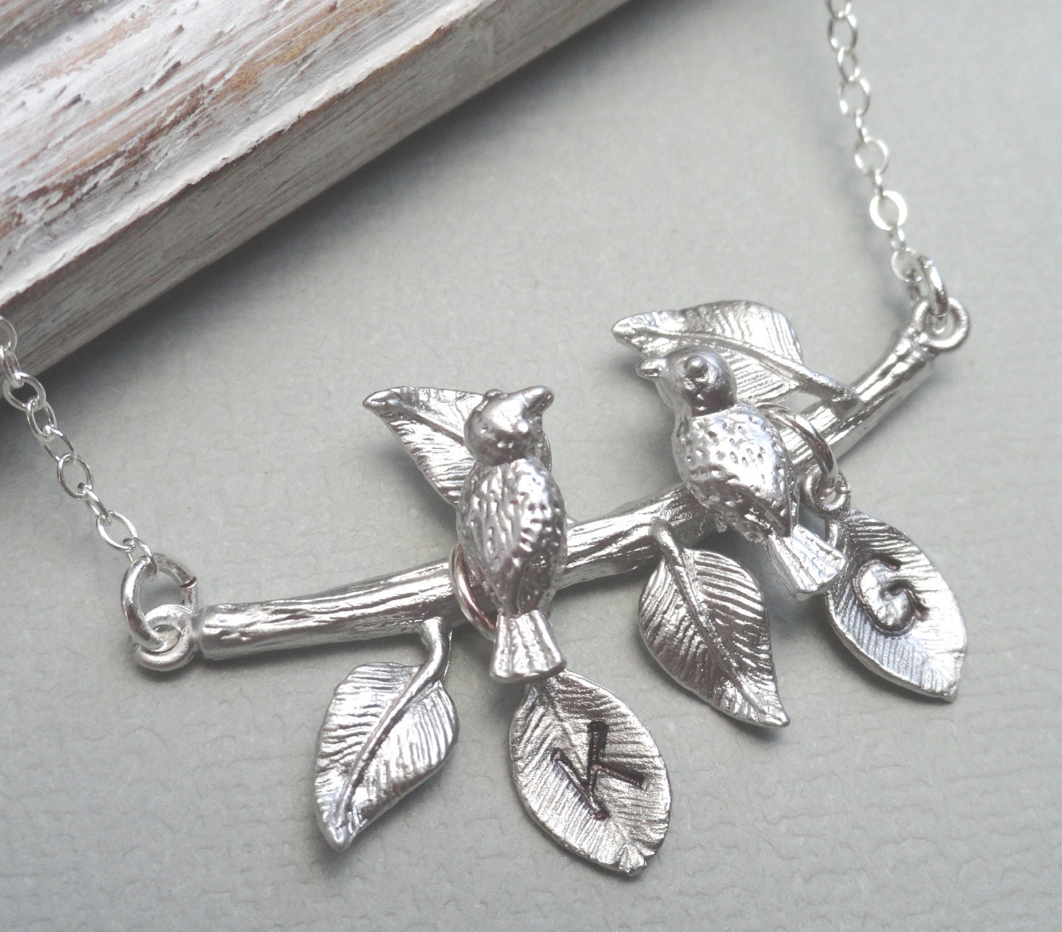 Lovebirds On A Branch With Hand Stamped Personalized Leaves Sterling Silver Choose Your Initial
