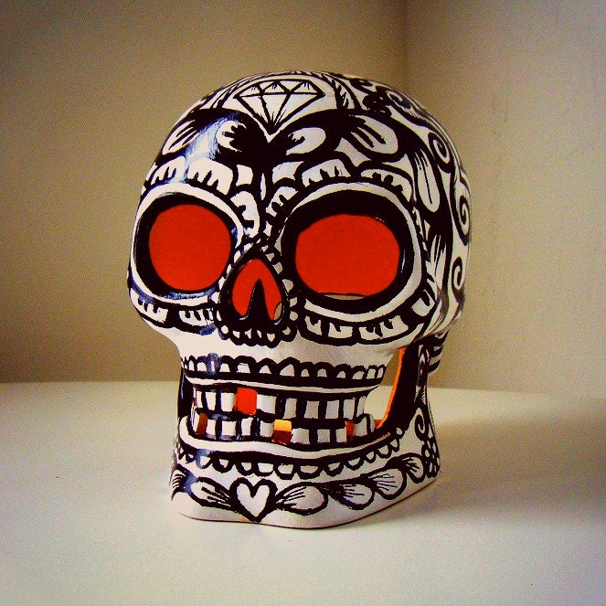 Sugar Skull Lantern Painted Halloween Decor Black & White Day of the Dead Ceramic Candle Holder Tattoo Sacred Heart Roses - sewZinski