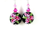 Lily Earrings, Hot Pink Flower Earrings, Beadwork Earrings, Floral Lampwork Earrings, Dangle Earrings, Hot Pink Black Earrings - Tiger Lily