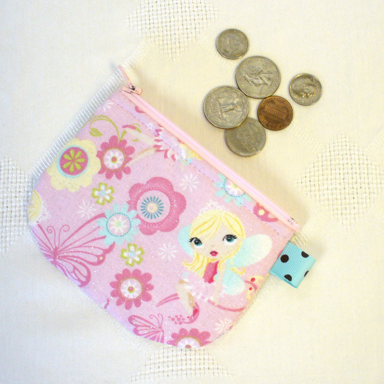 Cute Fabric Coin Purse Pink Glitter Mod Fairy Flowers Mini Zipper Change Purse Pastel Aqua Fairies Kawaii Handmade