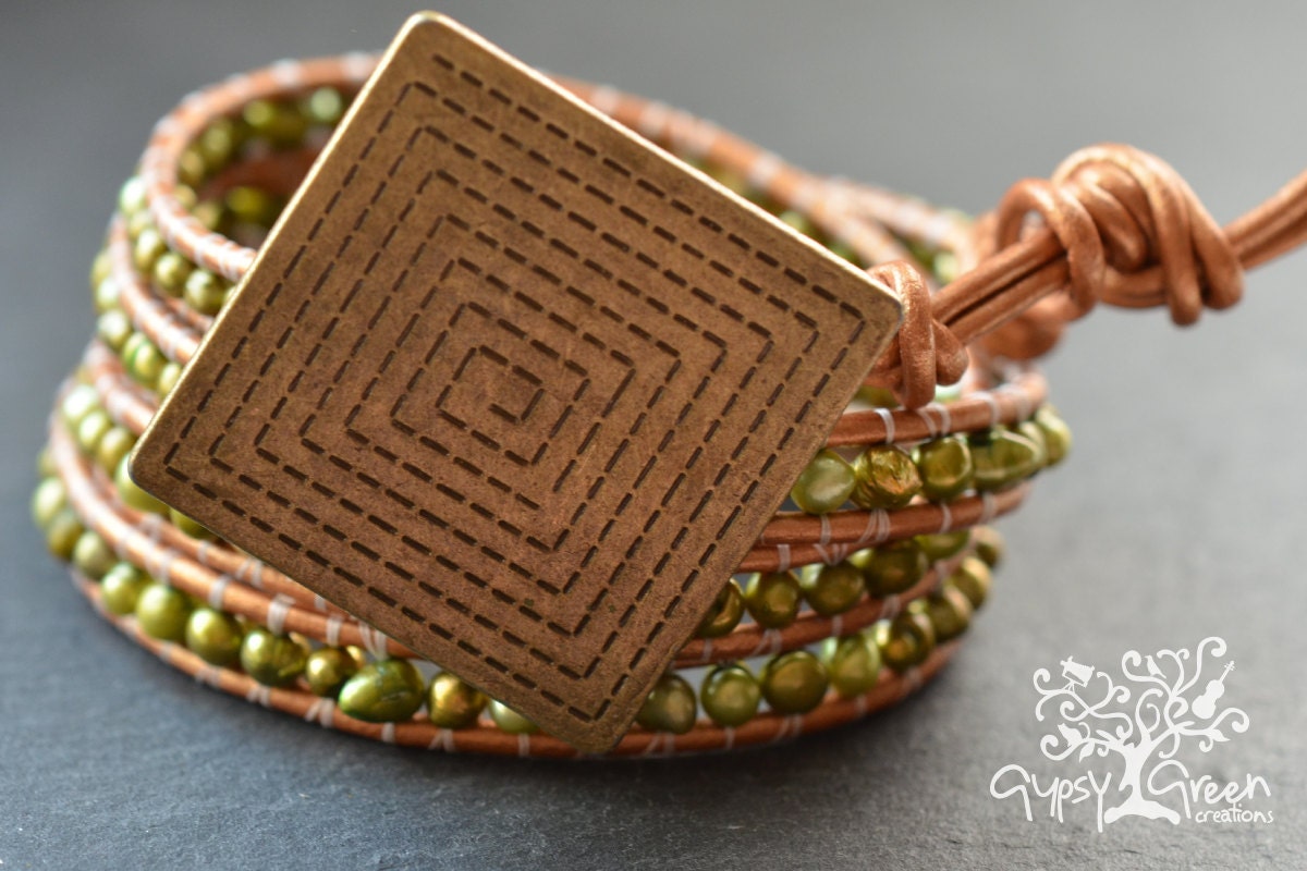 Square Pendant Beaded Fresh Water Pearl Leather Wrap Bracelet
