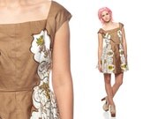 1950s Garden Party Dress Mini Full Skirt Brown Floral Print 50s Mid Century 1960s Vintage Mad Men Square Neckline Cap Sleeve Medium