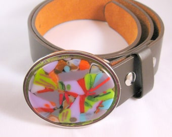 Tropical Paradise handmade removable glass belt buckle, leather belt