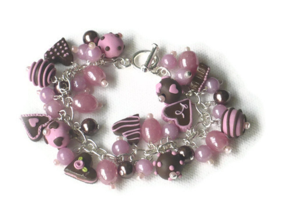 Candy Pink Charm Bracelet - Mothers Day Gift - Chocolate Brown Pastel Pink - Hearts Spots Stripes - Bespoke Polymer Clay Design