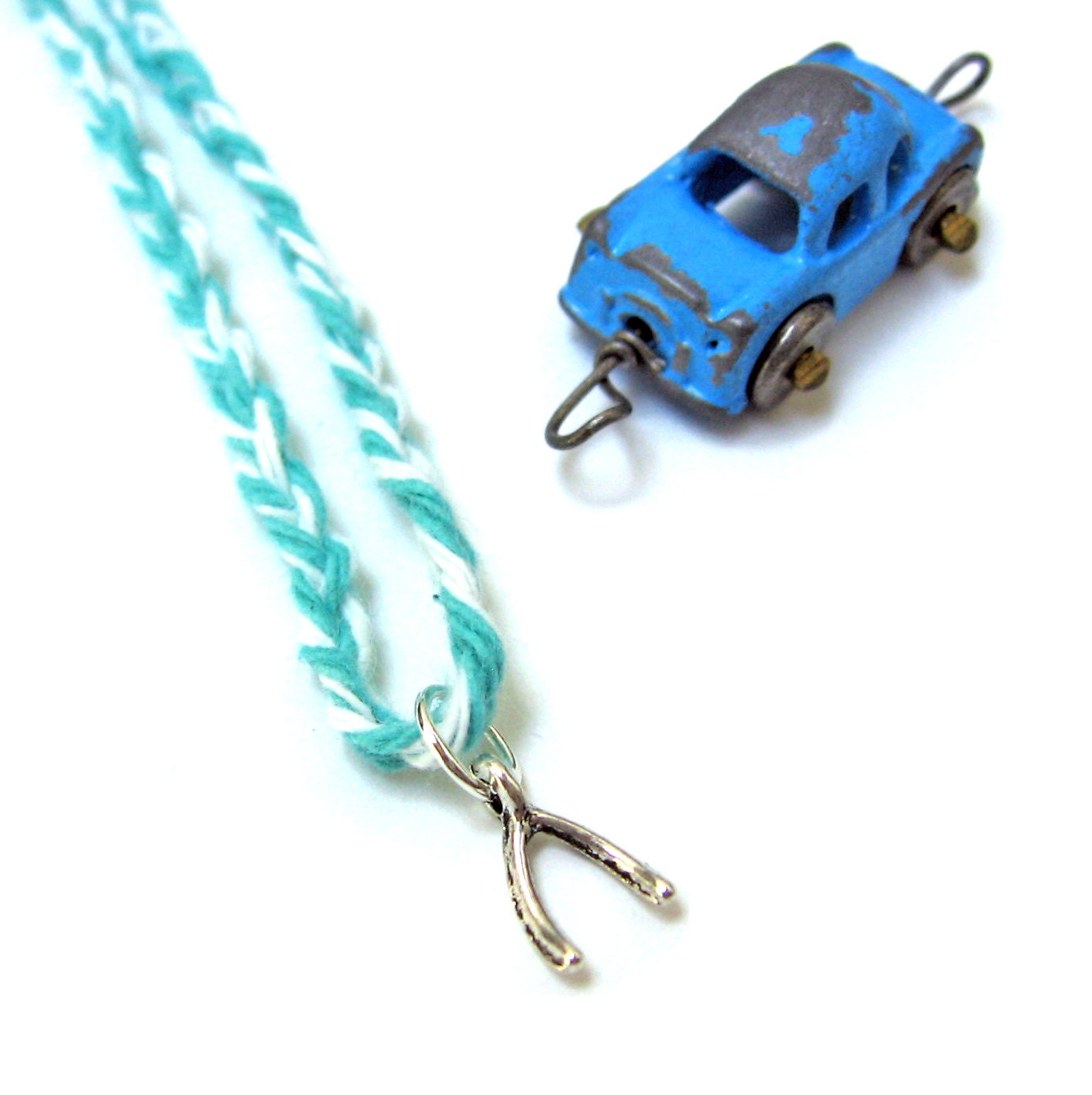 Wishbone Necklace Make a Wish Pendant Caribbean Ocean Blue Twine