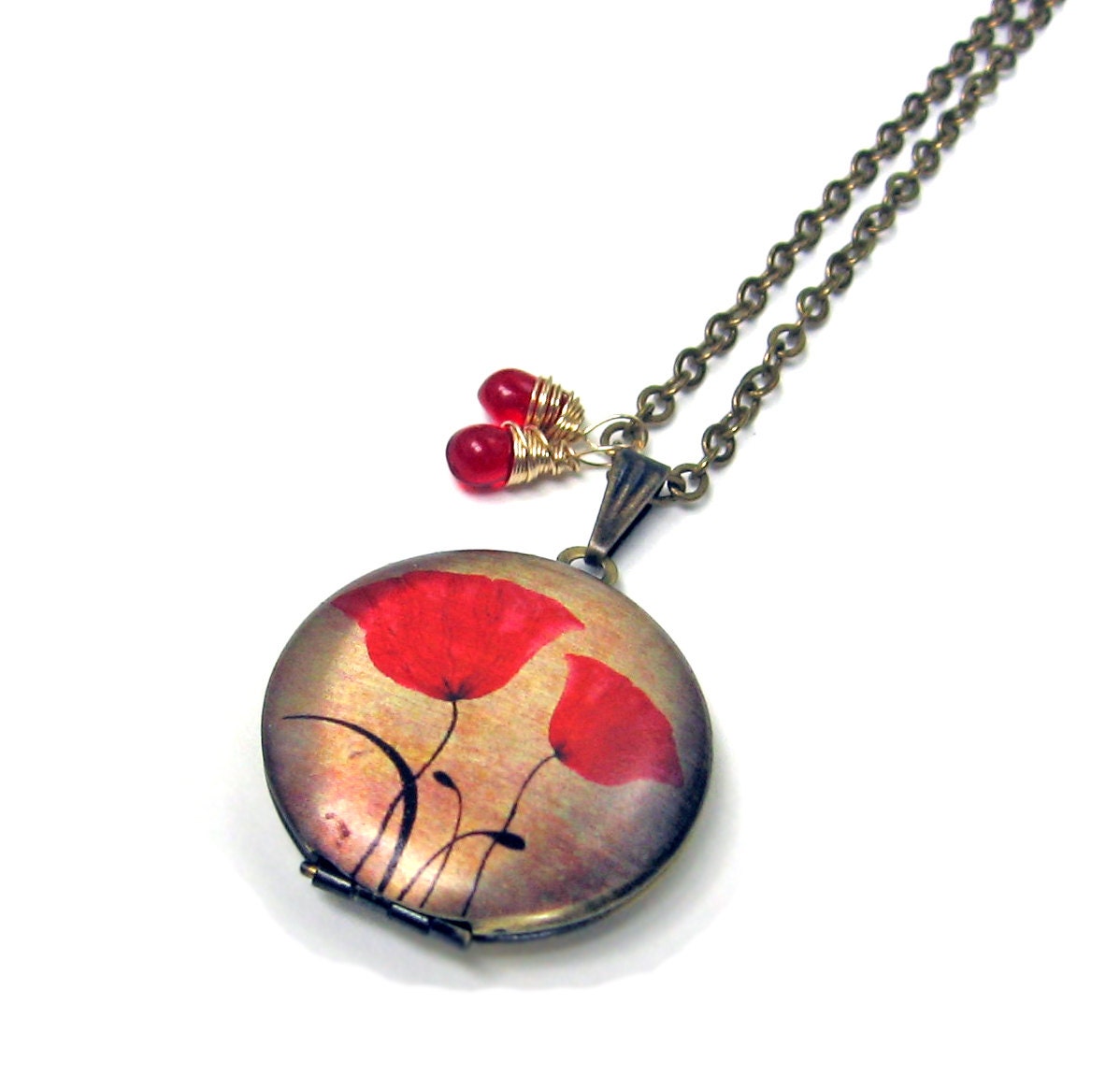 Poppy Flower Handpainted Brass Locket with Czech Glass Drops 14K Gold Wire