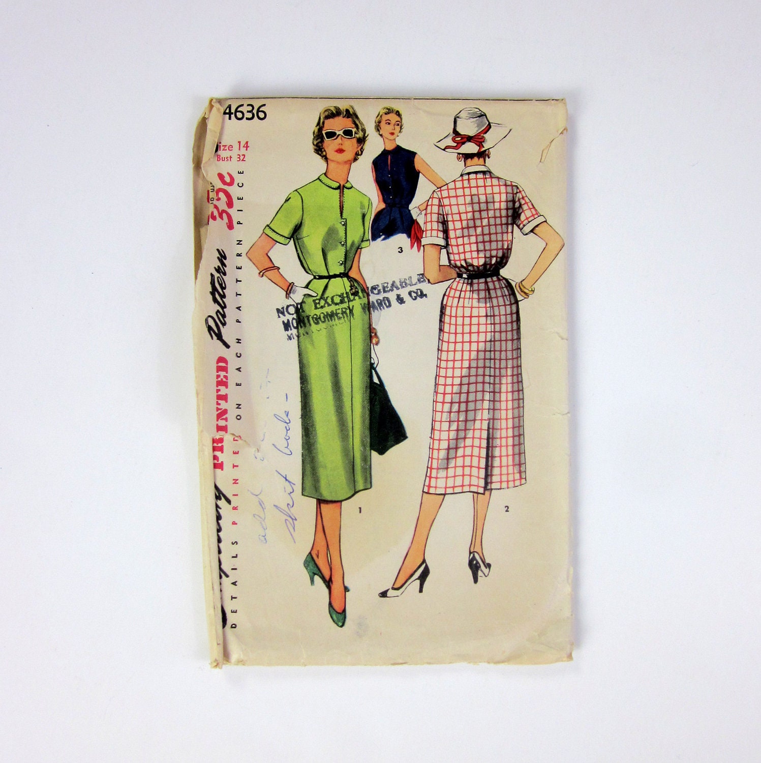 Misses Size 14 One-Piece Dress with Detachable Collar and Cuffs 50s Simplicity Pattern 4636 / bust 32 waist 26 / Complete