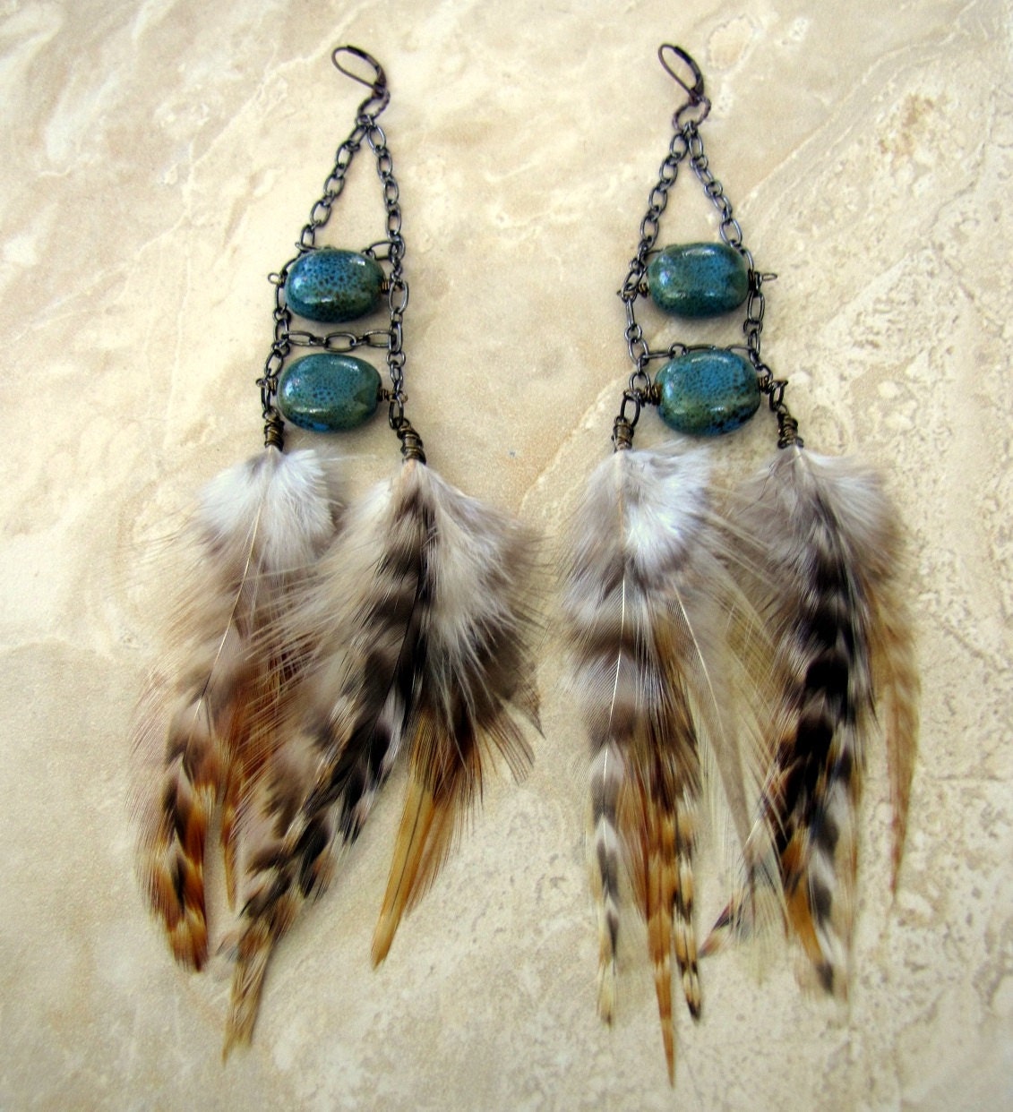 Beaded Feather Earrings Chain Earrings Tribal Earrings