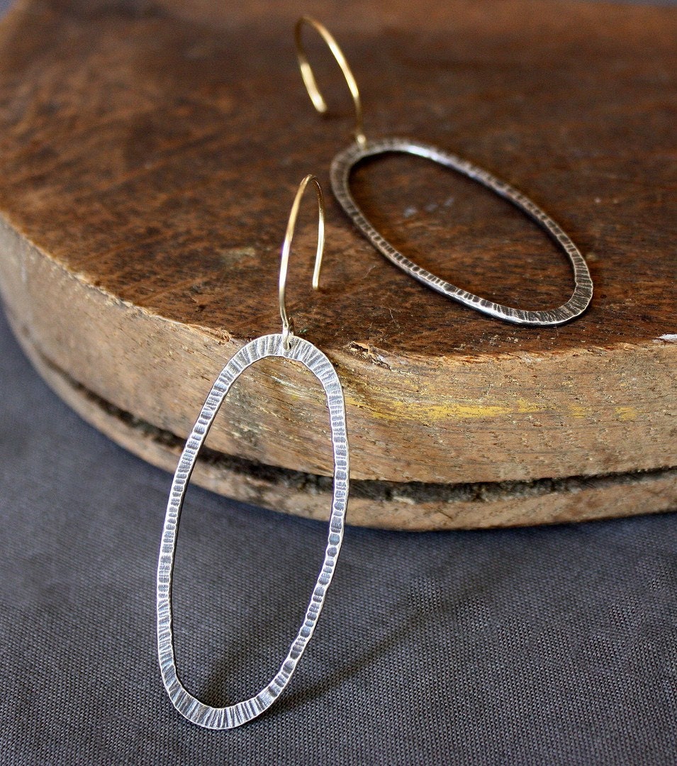 recycled silver and gold textured oval modern earrings
