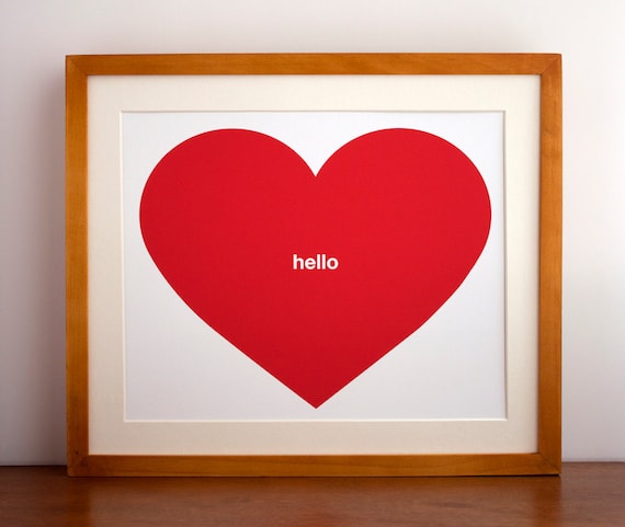 Red Hello Heart Print, Typography, Red Heart, Conversation Heart - Free US Shipping