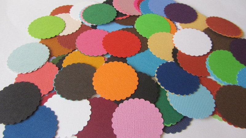100 Assorted 1-1/2 Inch Scalloped CIRCLE Tags cupcake topper, destash, cardstock, punch