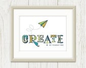 Create: Set Yourself Free, Typography Print, Inspirational Poster - Paper Airplane, Navy Blue, Grey, Lime Green, Neon, Bright 11 x 14