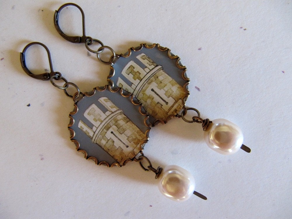 Handmade Earrings in Vintage Tin - Unique Renaissance Inspired Design and Creamy Faux Pearls OOAK Recycled Creation